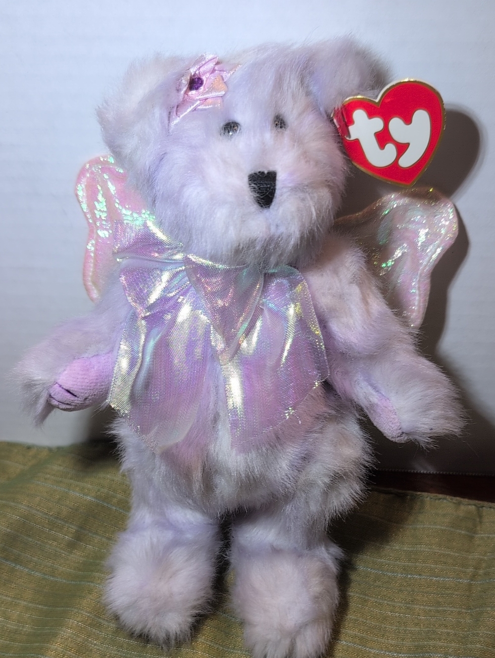 Vintage 2000 Ty Lavender Plush Angel Bear with Iridescent Bow